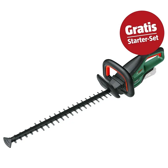 Bosch Power for All 18V Maschinenpaket - Li-Ionen, 18 V, Ohne Akku, Schnittlänge: 50 cm - Grüne und schwarze Heckenschere mit langer Klinge und roten Akzenten. Mit rotem Kreis "Gratis Starter-Set".