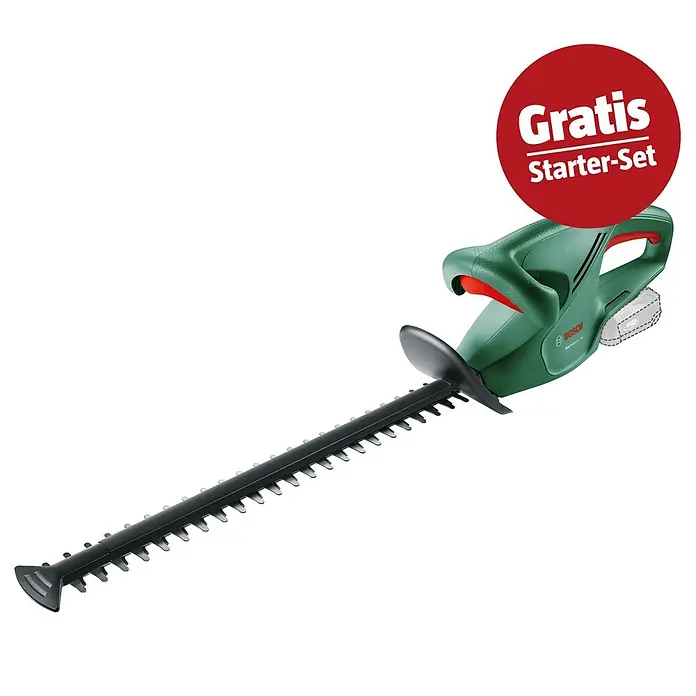 Bosch Power for All 18V Maschinenpaket - Akku-Heckenschere EasyHedgeCut 18V-45, 18V, 2,5 Ah Akku & Ladegerät - Grüne und schwarze Bosch Heckenschere mit „Gratis Starter-Set“-Aufkleber. Akku-Heckenschere für einfachen Gebrauch.