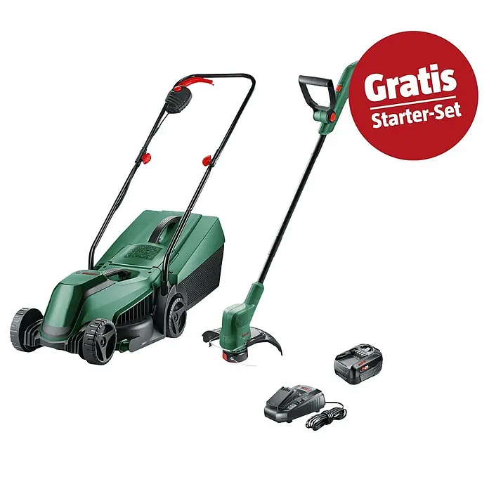 Bosch Power for All 18V Maschinenpaket - Akku-Heckenschere EasyHedgeCut 18V-52-13, 18V, 2,5 Ah Akku & Ladegerät - Grüner und schwarzer Bosch Rasenmäher und Trimmer mit Akku und Ladegerät. Inklusive rotem "Gratis Starter-Set" Badge.