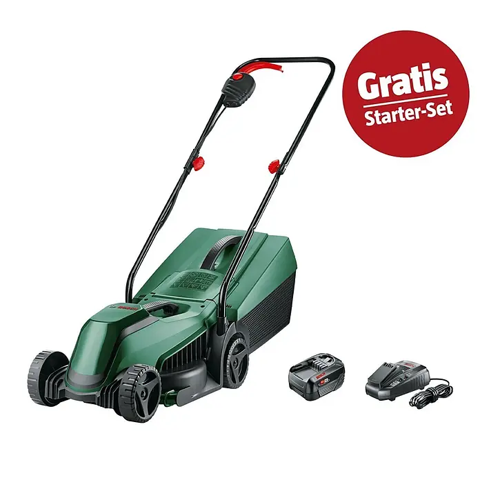 Bosch Power for All 18V Maschinenpaket - Akku-Heckenschere EasyHedgeCut 18V-52-13, 18V, 2,5 Ah Akku & Ladegerät - Grüner Bosch Akku-Rasenmäher mit Akku, Ladegerät und „Gratis Starter-Set“-Etikett.