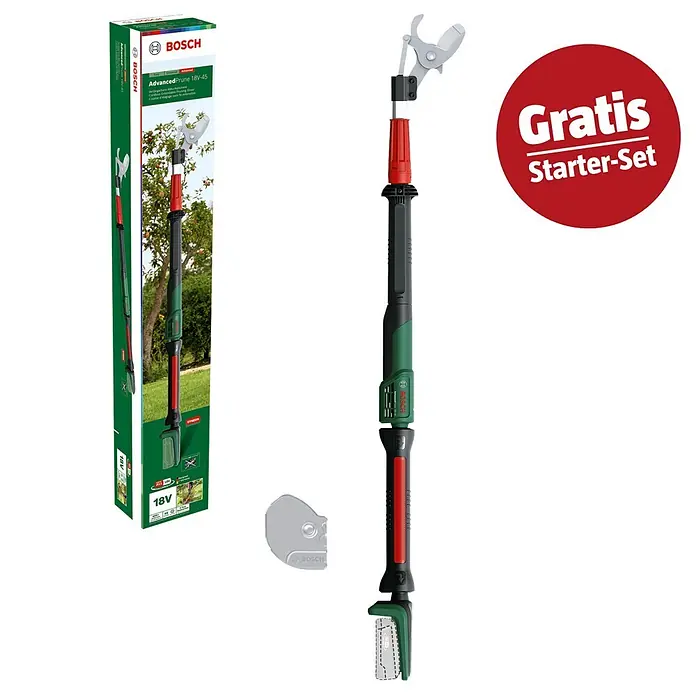 Bosch Power for All 18V Maschinenpaket - Akku-Häcksler UniversalShredder 2x18V-25, 18V, 2,5 Ah Akku & Ladegerät - Grüne, schwarze und rote Bosch Advanced Prune 18V-45 ausziehbare Akku-Astschere mit 'Gratis Starter-Set' Aktion.