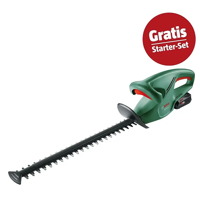 Bosch Power for All 18V Maschinenpaket - Akku-Laubbläser UniversalLeafBlower 18V-130, 18V, 2,5 Ah Akku & Ladegerät - Grüne und schwarze Bosch Akku-Heckenschere mit 'Gratis Starter-Set' Label.
