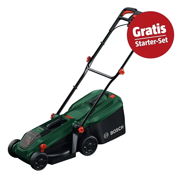 Bosch Power for All 18V Maschinenpaket - Akku-Regenfasspumpe GardenPump 18V-2000, 18V, 2,5 Ah Akku & Ladegerät - Grüner und schwarzer Bosch Akku-Rasenmäher mit rotem 'Gratis Starter-Set' Etikett, mit dunkelgrünem Gehäuse, schwarzen Rädern und ergonomischem Griff.