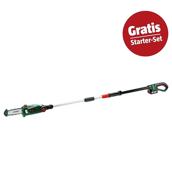 Bosch Power for All 18V Maschinenpaket - Akku-Hochentaster UniversalChainPole 18, 18V, 2,5 Ah Akku & Ladegerät - Grüner und schwarzer kabelloser Bosch-Hochentaster mit silbernem Verlängerungsrohr.