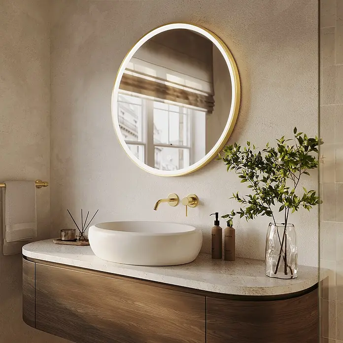 LOMAZOO Lichtspiegel LMZ-PARIS - Durchmesser: 80 cm, Gold - Moderner Badezimmerwaschtisch mit rundem beleuchtetem Spiegel, weißem Becken und geschwungenem dunklem Holzschrank.