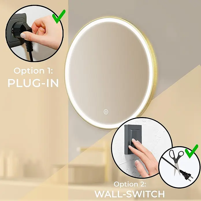 LOMAZOO Lichtspiegel XL-SOHO - 100 x 100 cm, Durchmesser: 100 cm, Gold - Runder, goldgerahmter LED-Spiegel mit zwei Stromversorgungsoptionen: Stecker für Steckdose oder Festverdrahtung an Wandschalter.