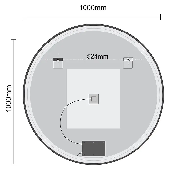 LOMAZOO Lichtspiegel XL-SOHO - 100 x 100 cm, Durchmesser: 100 cm, Gold - Rundspiegel, 1000mm Durchmesser, Rückansicht. Zeigt 524mm entfernte Befestigungspunkte, Verkabelung und elektrische Komponenten.