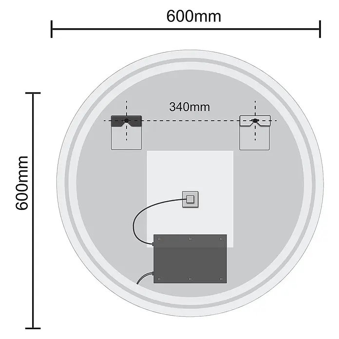 LOMAZOO Lichtspiegel LMZ-SEATTLE - Durchmesser: 60 cm, Glänzend weiß - Rückansicht eines runden 600mm Spiegels mit Halterungen, Treiber und Anschlussdose. Halterungsabstand 340mm.