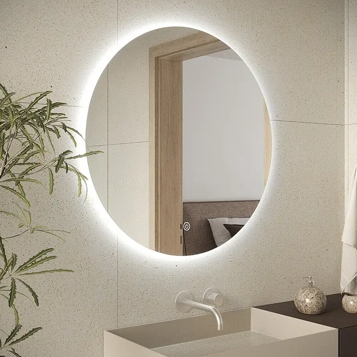 LOMAZOO Lichtspiegel LMZ-CHICAGO - Durchmesser: 60 cm, Glänzend weiß - Runder LED-beleuchteter Spiegel über einem modernen Badezimmerwaschtisch, mit Berührungssymbol auf der Oberfläche.