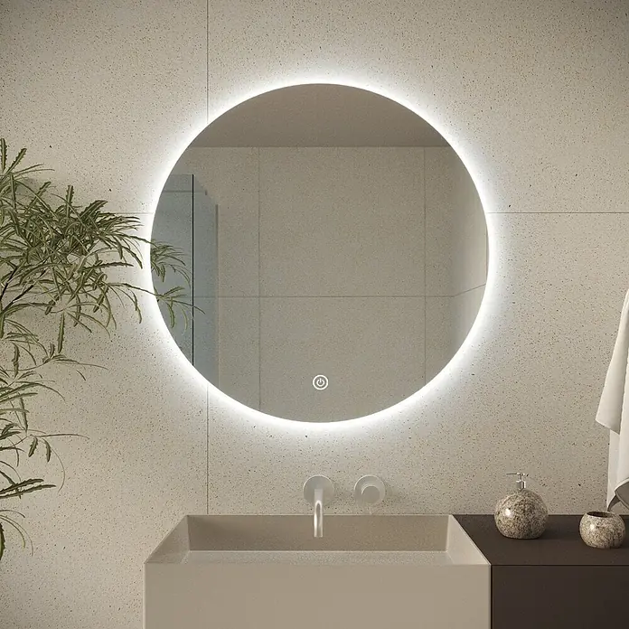 LOMAZOO Lichtspiegel LMZ-CHICAGO - Durchmesser: 60 cm, Glänzend weiß - Runder LED-beleuchteter Spiegel mit Touch-Einschalttaste über einem Waschbecken in einem modernen Bad.
