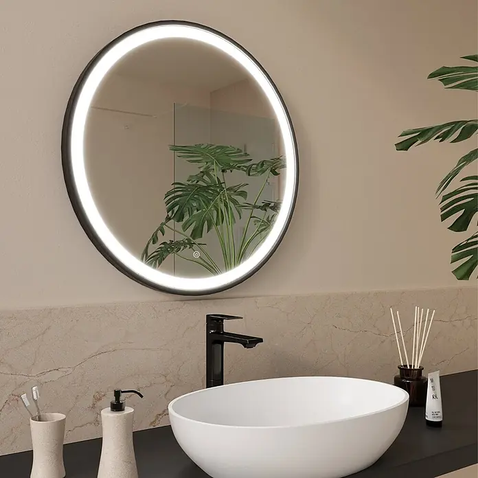 LOMAZOO Lichtspiegel LMZ-MILANO - Durchmesser: 60 cm, Schwarz - Runder, schwarz gerahmter LED-Spiegel mit heller Beleuchtung über einem Waschbecken.