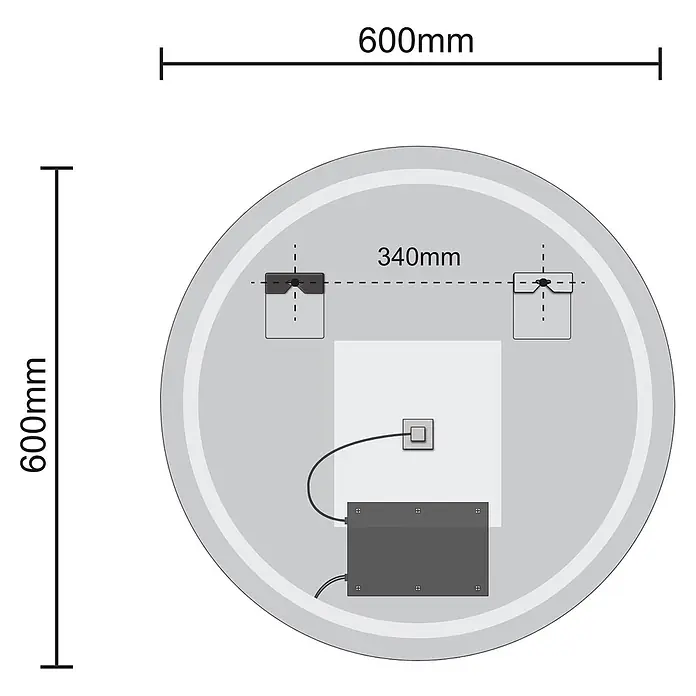 LOMAZOO Lichtspiegel LMZ-CHICAGO - Durchmesser: 60 cm, Glänzend weiß - Rückansicht eines 600mm Rundspiegels mit zwei 340mm auseinander liegenden Befestigungspunkten, Verkabelung und zentraler Anschlussbox.