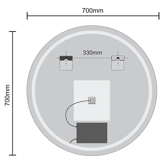 LOMAZOO Lichtspiegel LMZ-ATLANTA - Durchmesser: 70 cm, Glänzend weiß - Runder Spiegel, 700mm Durchmesser, Rückseite mit Elektroteilen und 330mm auseinander liegenden Befestigungspunkten.