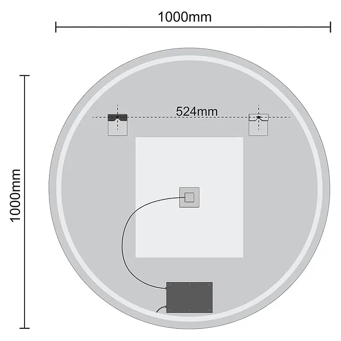 LOMAZOO Lichtspiegel XL-AUSTIN - Durchmesser: 100 cm, Glänzend weiß - Rückansicht eines runden Spiegels (Ø1000mm) mit 524mm Montagepunkten und elektrischen Komponenten.