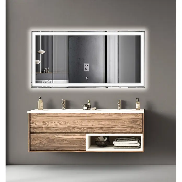 LOMAZOO Lichtspiegel LMZ-MEMPHIS - Glänzend weiß - Schwebender Doppelwaschtisch aus Holz mit weißer Arbeitsplatte und LED-beleuchtetem Spiegel.