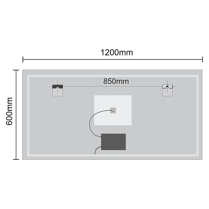 LOMAZOO Lichtspiegel LMZ-MEMPHIS - Glänzend weiß - Rückansicht eines 1200x600mm Rechteckspiegels mit Montagehalterungen und elektrischen Anschlüssen.