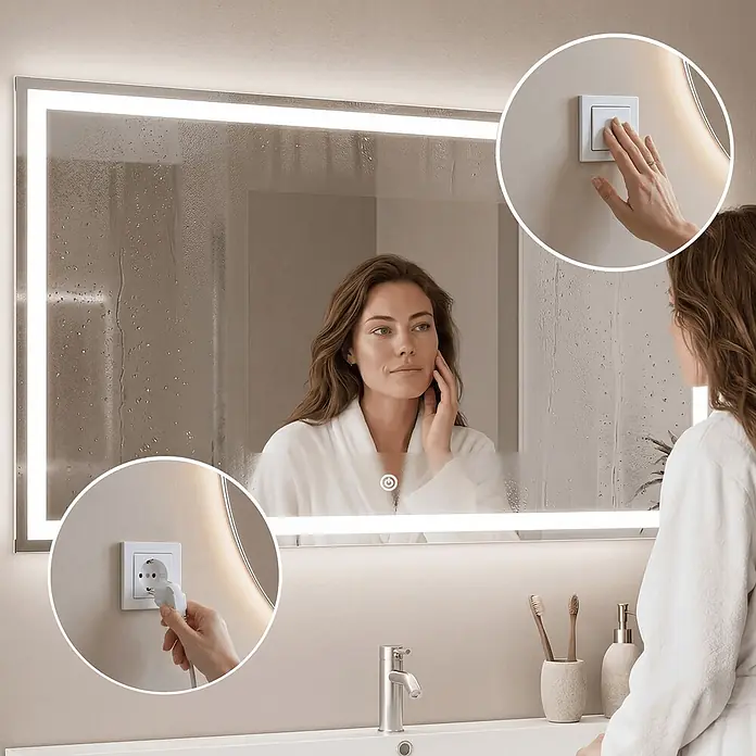 LOMAZOO Lichtspiegel LMZ-MEMPHIS - Glänzend weiß - LED-Badezimmerspiegel mit integrierter Beleuchtung, Antibeschlagfunktion und Touch-Sensor, in einem modernen Badezimmer.