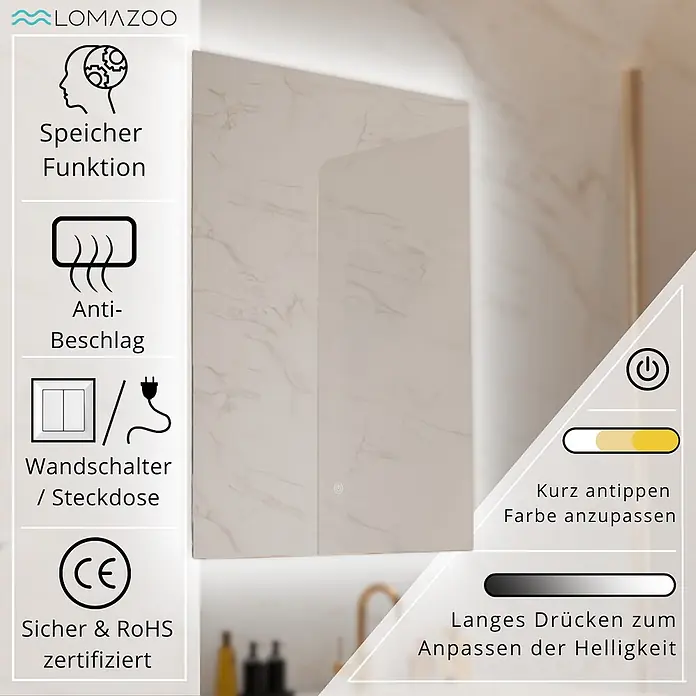 LOMAZOO Lichtspiegel LMZ-CANNES - Glänzend weiß - Rechteckiger, beleuchteter Badspiegel mit Touch-Steuerung, Anti-Beschlag-Funktion und anpassbarer Farbe/Helligkeit.
