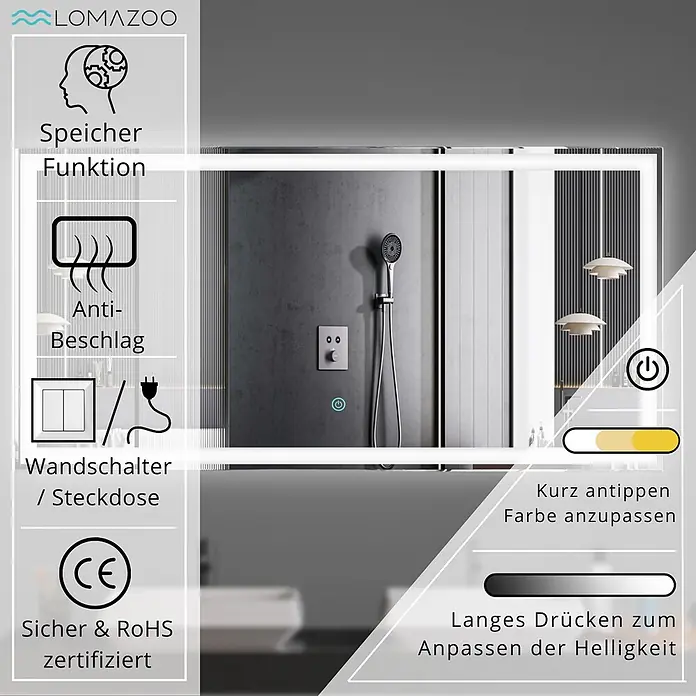 LOMAZOO Lichtspiegel LMZ-MEMPHIS - Glänzend weiß - Rechteckiger LED-Badezimmerspiegel mit Antibeschlag, Speicherfunktion, Wandschalteranschluss und Touch-Steuerung für Lichtfarbe und Helligkeit.