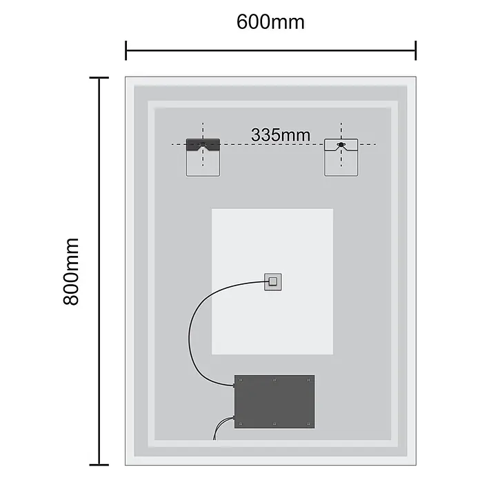 LOMAZOO Lichtspiegel LMZ-CANNES - Glänzend weiß - Technische Zeichnung eines rechteckigen Spiegels, 600x800mm, mit internen Elektrik und 335mm Befestigungspunkten.