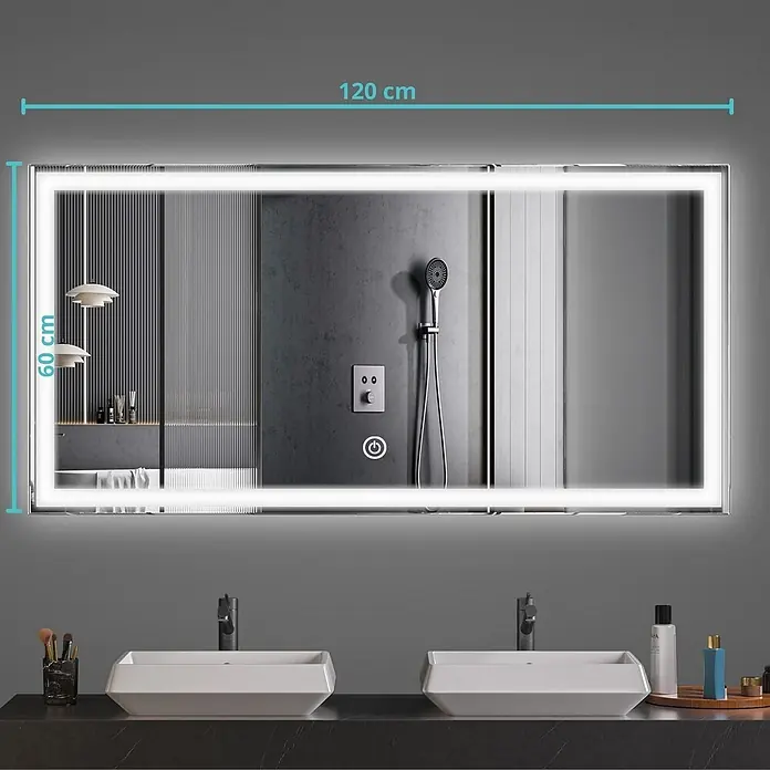 LOMAZOO Lichtspiegel LMZ-MEMPHIS - Glänzend weiß - Rechteckiger LED-Badezimmerspiegel, 120x60 cm, mit beleuchtetem Rand und Touch-Bedienelementen, über zwei Waschbecken.