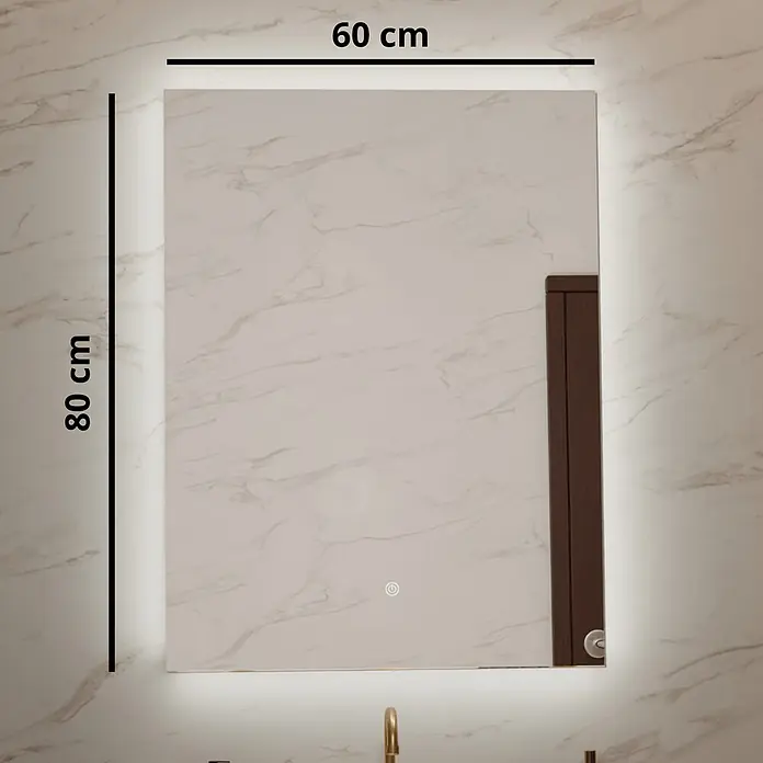 LOMAZOO Lichtspiegel LMZ-CANNES - Glänzend weiß - Rechteckiger LED-Badezimmerspiegel, 60x80 cm, mit beleuchteten Kanten und Touch-Bedienelementen.