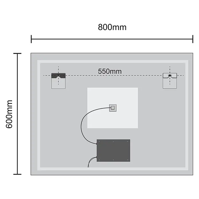 LOMAZOO Lichtspiegel LMZ-LYON - 80 x 60 cm, Glänzend weiß - Rückseite eines rechteckigen Spiegels, 800x600mm, mit 550mm entfernten Befestigungspunkten und elektrischen Anschlüssen.
