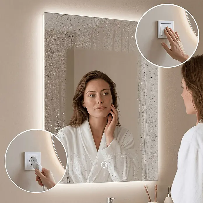 LOMAZOO Lichtspiegel LMZ-CANNES - Glänzend weiß - Beleuchteter Badezimmerspiegel mit Antibeschlagfunktion, von einer Frau genutzt, zeigt LED, Touch-Steuerung und Stromanschluss.