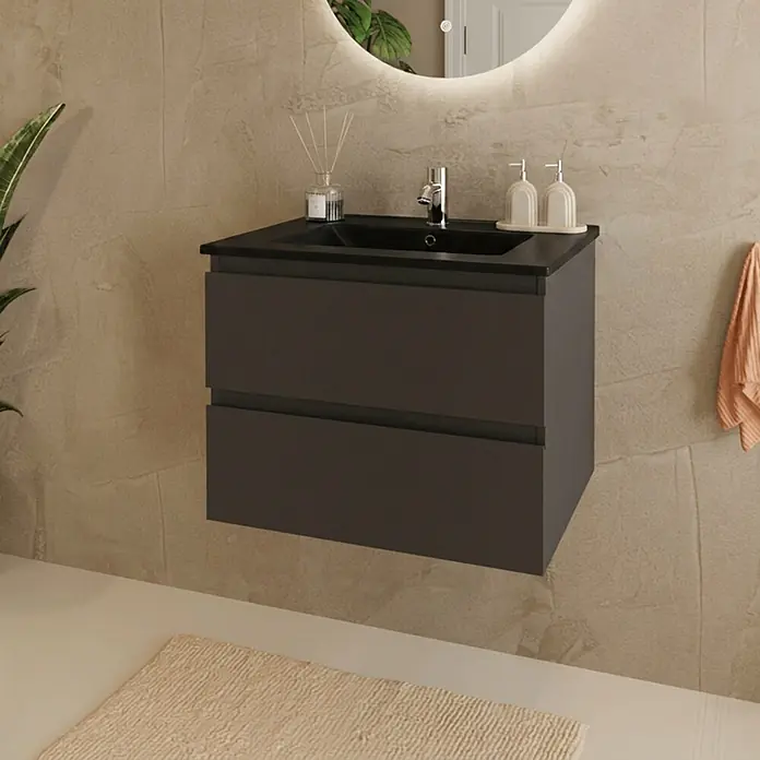 LOMAZOO Badmöbel-Set LM-MAR-MZ-WZ-60 - Gesamtbreite Badmöbel: 60 cm, Mattschwarz - Dunkelgrauer wandmontierter Waschtischunterschrank mit integriertem schwarzen Waschbecken und Wasserhahn.