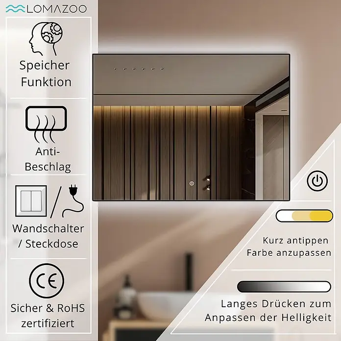 LOMAZOO Lichtspiegel LMZ-LYON - 80 x 60 cm, Glänzend weiß - LED-Badezimmerspiegel mit Anti-Beschlag, Speicherfunktion und Touch-Steuerung für Helligkeit und Farbtemperatur. CE-zertifiziert.
