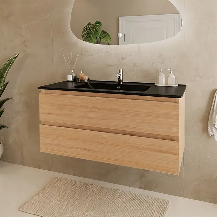 LOMAZOO Badmöbel-Set LM-MAR-LE-WZ-100 - Gesamtbreite Badmöbel: 100 cm, Helles Eichenholz - Hängender Badezimmerschrank aus hellem Holz mit integriertem schwarzem Waschbecken und Arbeitsplatte.
