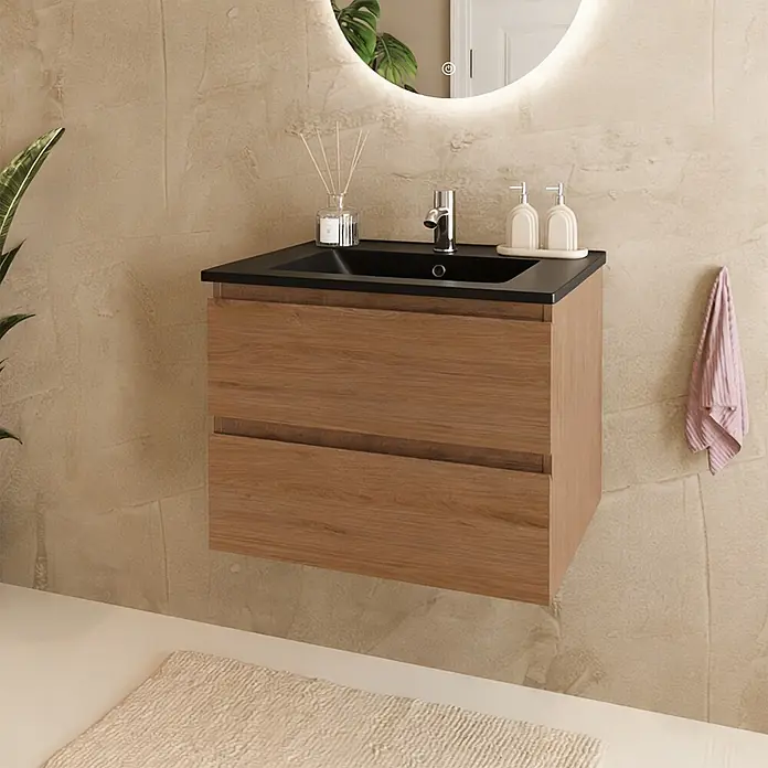 LOMAZOO Badmöbel-Set LM-MAR-WE-WZ-60 - Gesamtbreite Badmöbel: 60 cm, Warme Eiche - Wandmontierter Waschtisch aus Holz mit schwarzem integriertem Waschbecken und Chromarmatur.