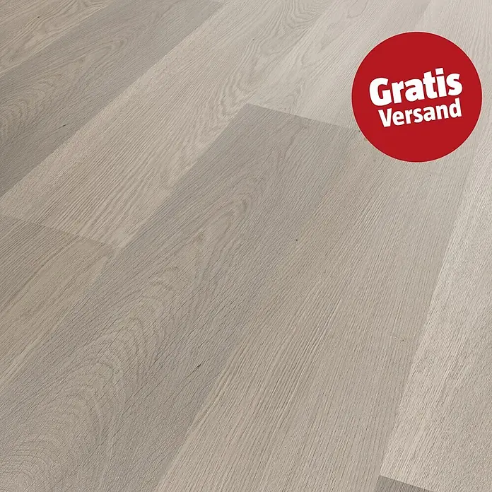 b!design Vinylboden SPC - Eiche Brunni, Landhausdiele, 1.220 x 182 x 4,3 mm - Hellgrauer Holzboden mit ausgeprägter Maserung.