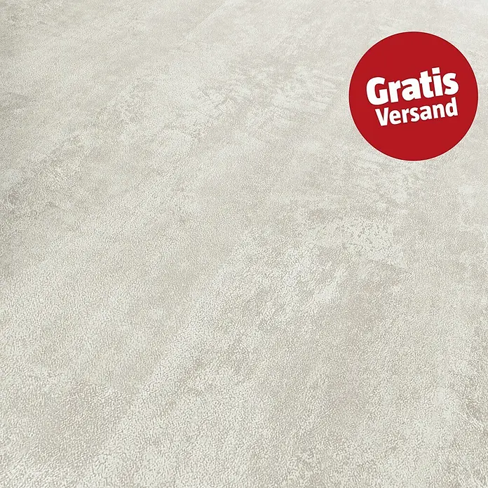 b!design Vinylboden SPC - Hellas, Fliese, 609,6 x 304,8 x 3,8 mm - Hellbeige strukturierte Oberfläche mit subtilem, unregelmäßigem Granulatmuster, mit einem roten Kreis mit 'Gratis Versand' oben rechts.