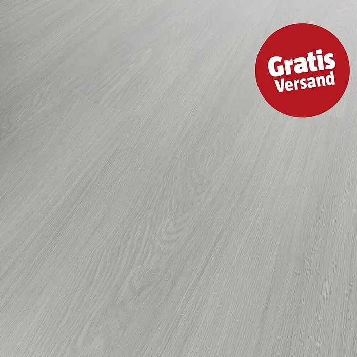 b!design Vinylboden SPC - Eiche Pilatus, Landhausdiele, 1.220 x 182 x 4,3 mm - Hellgrauer Boden in Holzoptik mit sichtbarer Maserung.