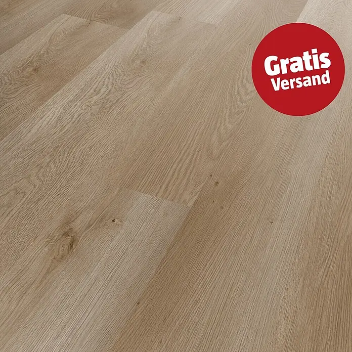b!design Vinylboden SPC - Eiche Stanser, Landhausdiele, 1.220 x 182 x 4,3 mm - Heller Laminatboden in Eichenoptik mit natürlicher Holzmaserung und rotem 'Gratis Versand' Aufkleber.