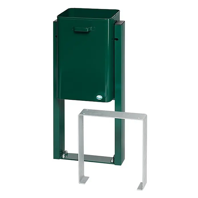 Proregal Standard-Mülleimer klassisch und eckig für den Außenbereich - Grün - Dunkelgrüner Metall-Abfalleimer mit Ständer und separater silberner Montagehalterung.