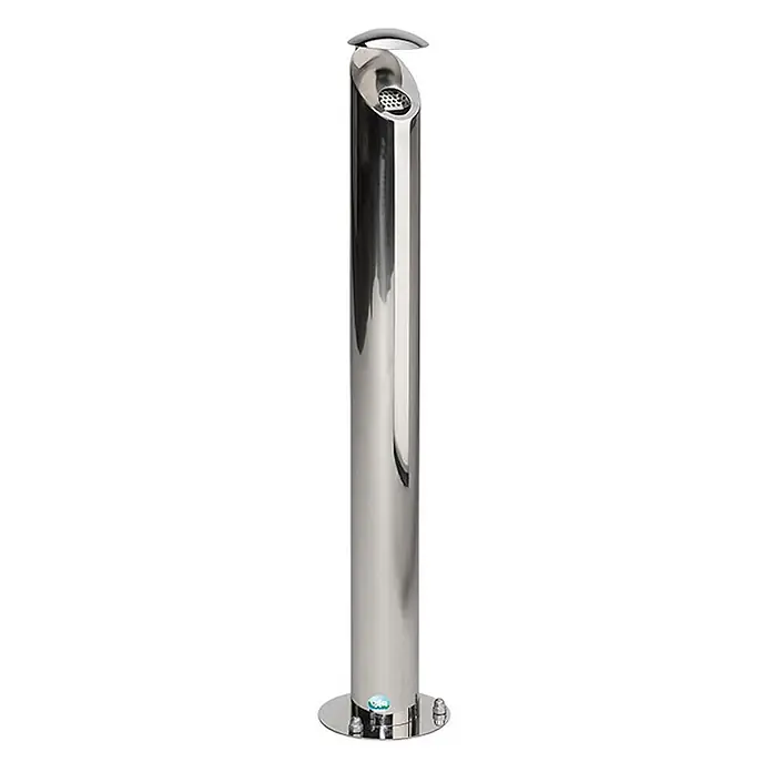 Proregal Asche-Mülleimer mit Schutzdach und Abstreifblech - Edelstahl, Edelstahlpoliert - Glänzender Edelstahl-Außenaschenbecher mit abgedecktem, perforiertem Oberteil und rundem Fuß.