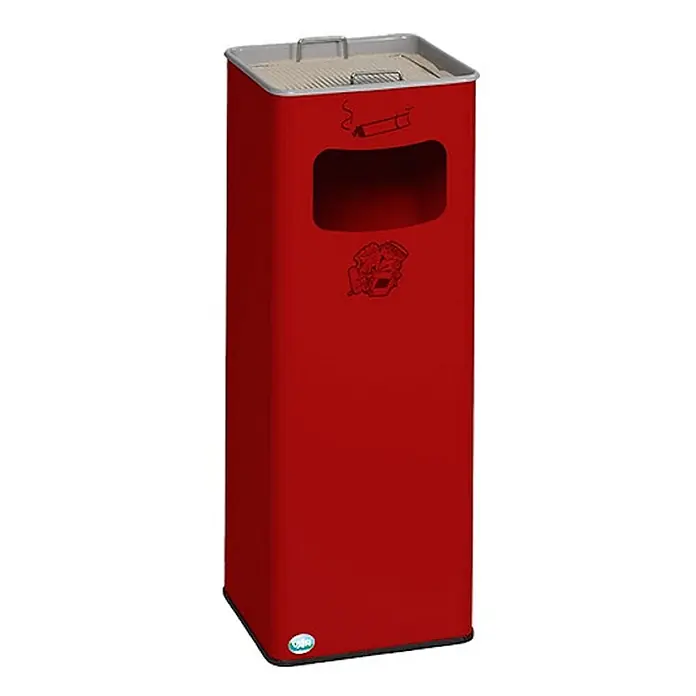 Proregal Asche-Mülleimer klassisch und eckig - Stahl, Rot - Roter Außenaschenbecher und Mülleimer mit grauem Rostaufsatz und Zigarettensymbol vorne.