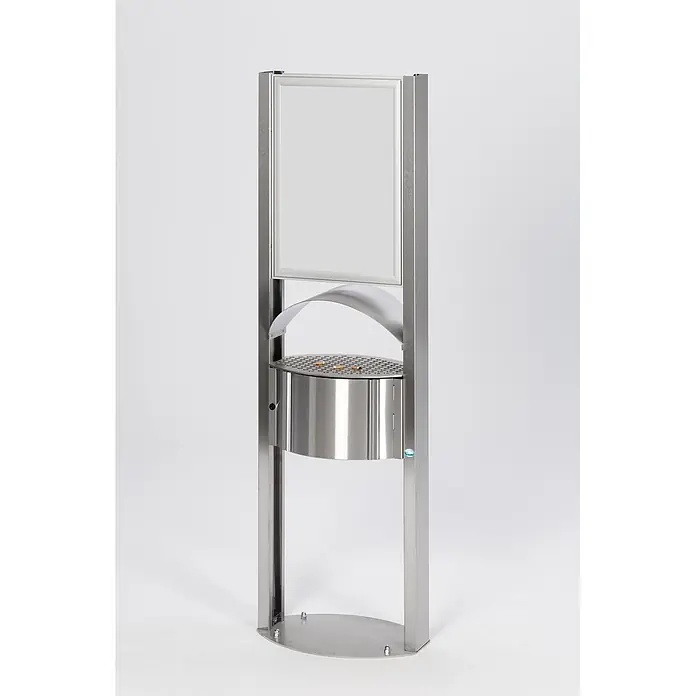 Proregal Asche-Mülleimer robust mit Schutzdach & Werbefläche für den Außenbereich - 15 l, Edelstahl, Edelstahl - Aschenbecherständer aus Edelstahl mit integriertem Display, enthält Zigarettenstummel.