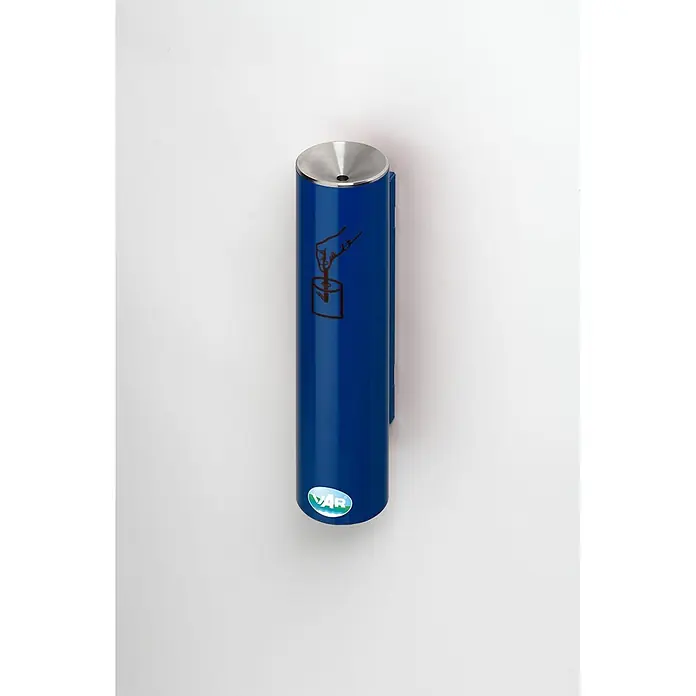 Proregal Asche-Mülleimer robust und verschließbar - Stahl, Blau - Wandmontierter blauer zylindrischer Aschenbecher mit Edelstahldeckel und Löschsymbol, mit VAR-Logo.
