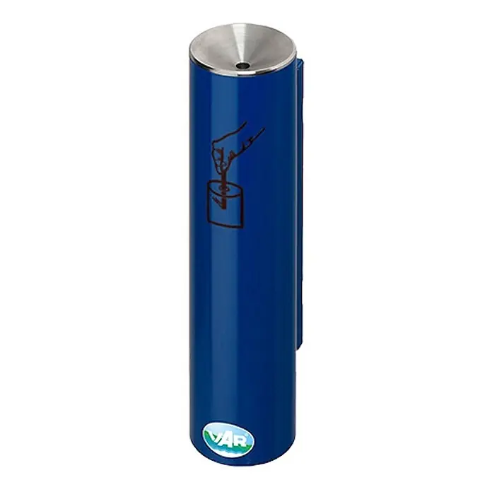Proregal Asche-Mülleimer robust und verschließbar - Stahl, Blau - Blauer zylindrischer Aschebehälter mit Edelstahl-Trichteraufsatz und Entleerungspiktogramm. VAR-Logo am Fuß.