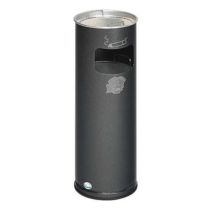 Proregal Asche-Mülleimer klassisch und rund - Stahl, Grau - Dunkelgrauer zylindrischer Aschenbecher und Abfalleimer mit Metallgitter oben und Zigarettensymbol.