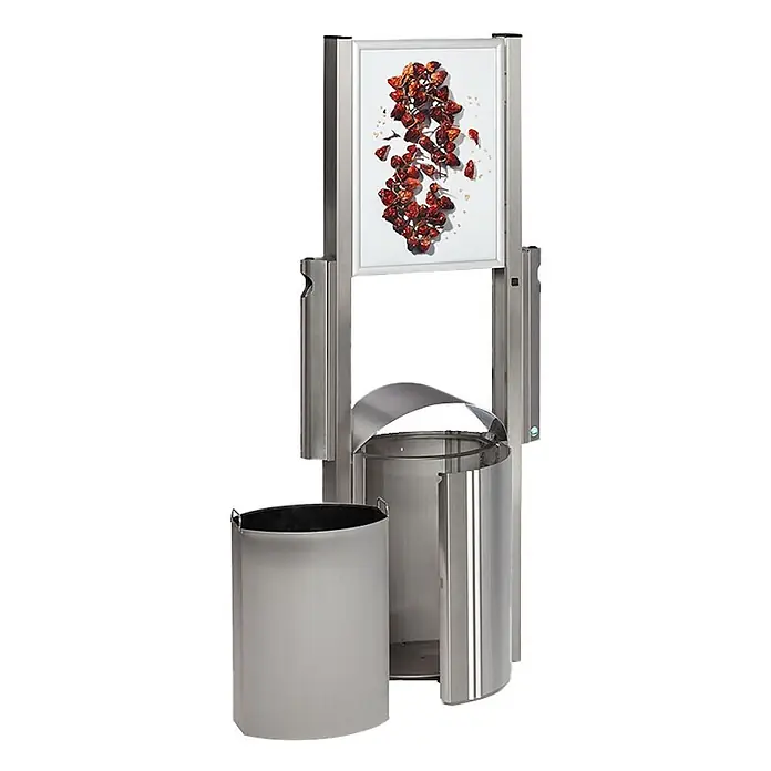 Proregal Asche-Mülleimer robust mit Schutzdach & Werbefläche für den Außenbereich - 50 l, Edelstahl, Edelstahl - Abfalleimer aus Edelstahl mit integrierter Anzeigetafel und herausnehmbarem Behälter.