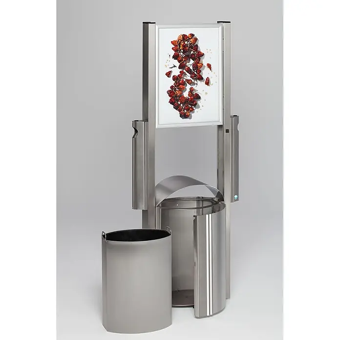 Proregal Asche-Mülleimer robust mit Schutzdach & Werbefläche für den Außenbereich - 50 l, Edelstahl, Edelstahl - Gebürsteter Edelstahl-Abfallbehälter mit Display, integriertem Aschenbecher und zylindrischem Mülleimer.