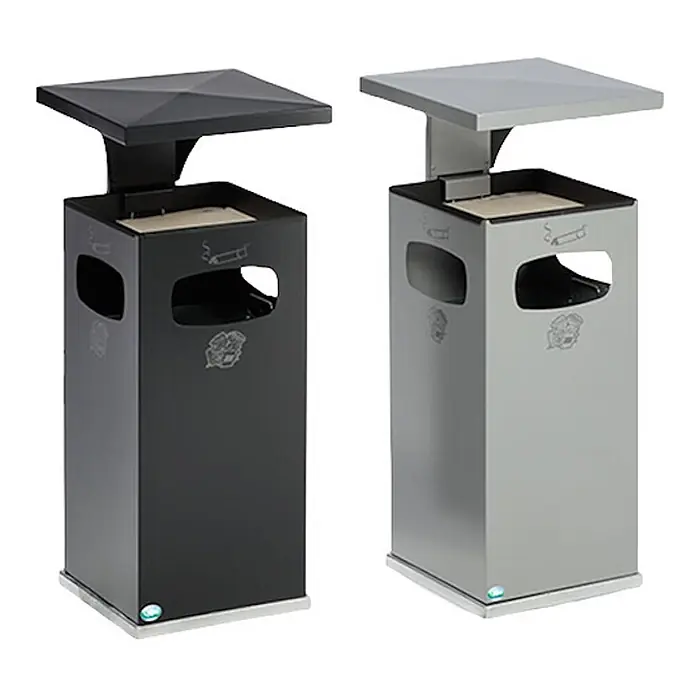 Proregal Asche-Mülleimer mit verstärktem Schutzdach - 38 l, Stahl, Anthrazit - Schwarze und graue quadratische Metall-Aschenbecherbehälter mit integrierten Oberteilen für Zigarettenabfälle.