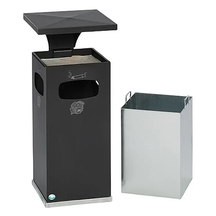 Proregal Asche-Mülleimer mit verstärktem Schutzdach - 38 l, Stahl, Anthrazit - Schwarzer Outdoor-Aschenbecher und Abfalleimer mit flacher Deckelplatte, Zigarettengrill und separatem verzinktem Stahleinsatz.