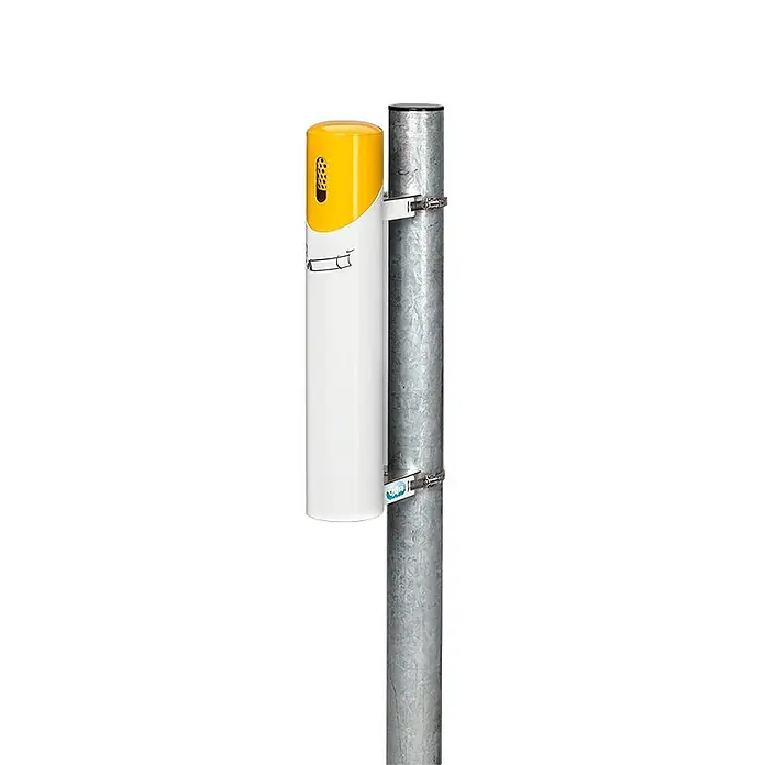 Proregal Aschenbecher - Robuster Wandascher - Stahl, Weiß - Zylindrischer weiß-gelber Zigarettenentsorger, an Metallstange montiert.