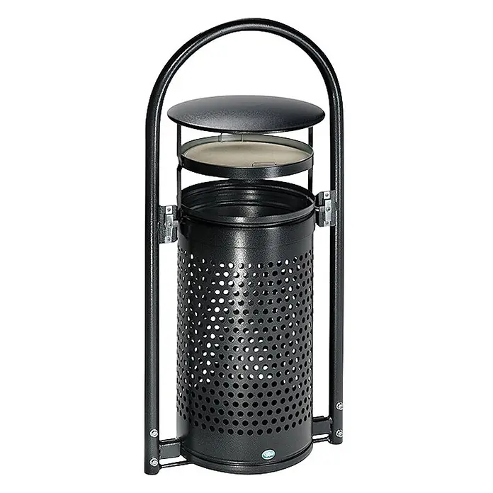 Proregal Asche-Mülleimer mit Rohrbogenständer + Aschereinsatz - 70 l, Stahl, Grau - Schwarzer perforierter Metallabfalleimer mit integriertem Aschenbecher und stabilem Bogenrahmen für öffentliche Bereiche.