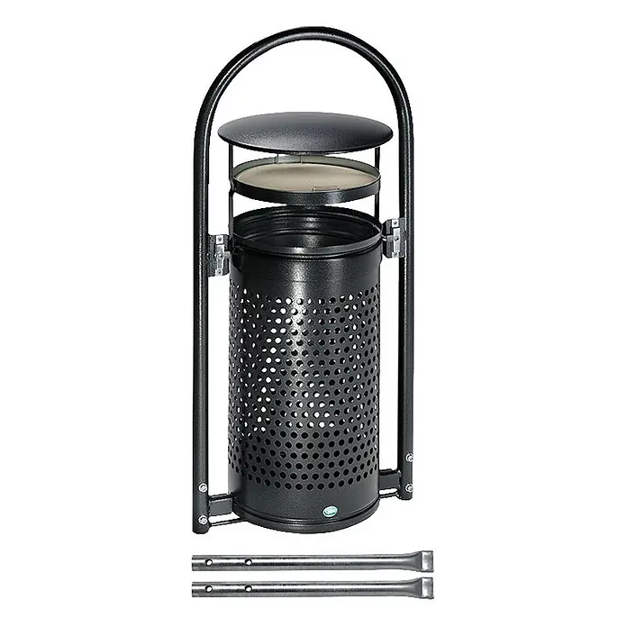 Proregal Asche-Mülleimer mit Rohrbogenständer + Aschereinsatz - 70 l, Stahl, Grau - Schwarzer, perforierter Metall-Aschenbecher mit Abfalleimer für den Außenbereich, inklusive Befestigungsstangen.
